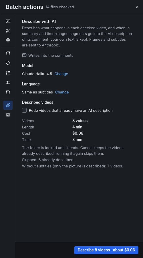Batch actions, Describe with AI: the model, the language, and 8 videos, 4 min, $0.06, 3 min