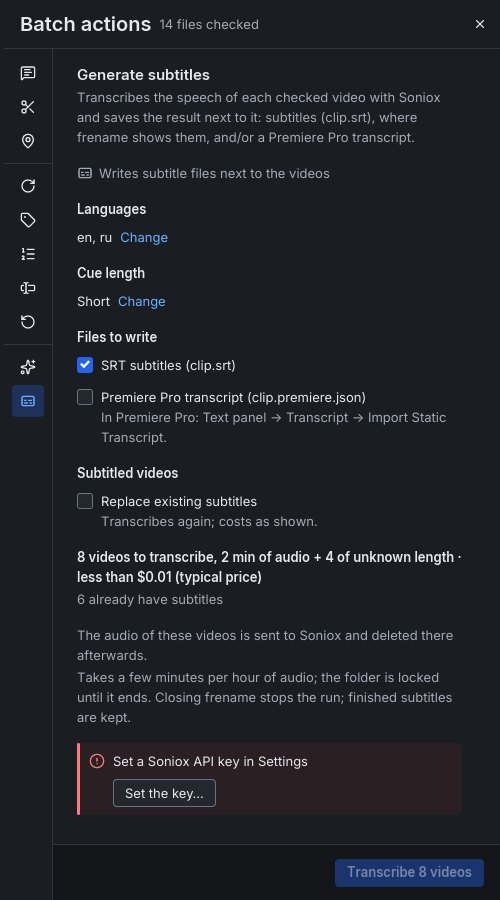 Batch actions, Generate subtitles: languages, cue length, SRT and Premiere Pro transcript files, and the estimate