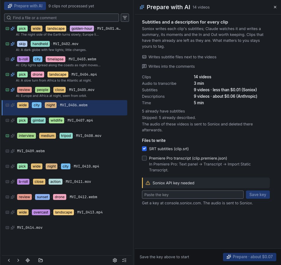 The Prepare with AI card next to the file list: 14 videos, 3 min of audio, subtitles less than $0.01, descriptions about $0.06, 5 min, and the files to write